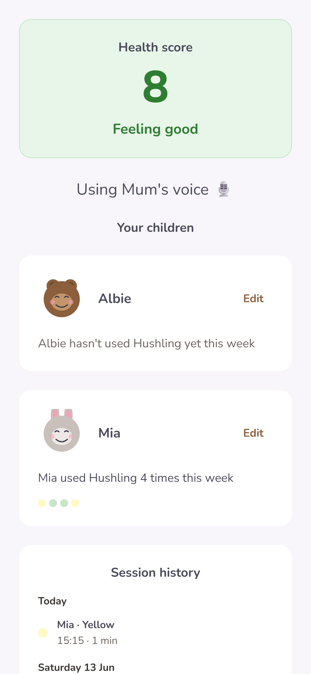 Hushling parent dashboard screen